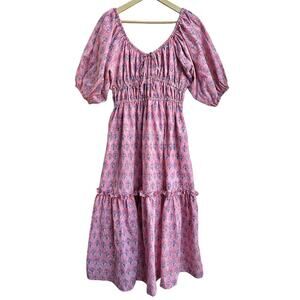 Pink Floral Midi Dress Indian Block Print